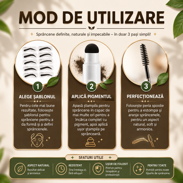 Kit Sprâncene Perfecte – Ștampilă + 10 Șabloane